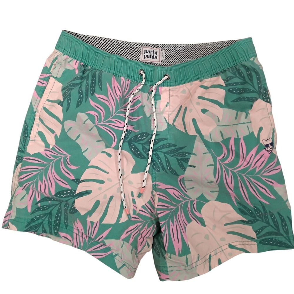 Party Pants Mens Tropical Monstera‎ Palm Print Swim Trunks Teal Pink Size Large
